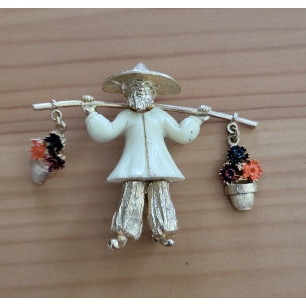 Hattie Carnegie Asian Man Flower Vendor Enamel  Resin Brooch Unsigned